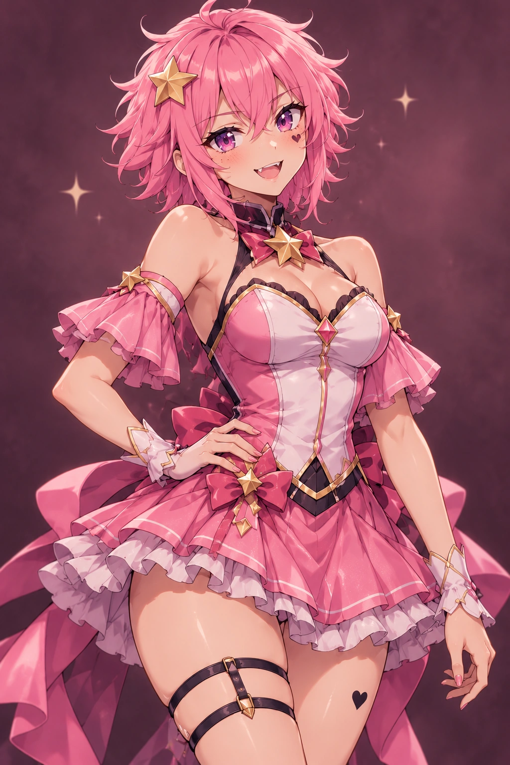 Aldara Tsukihana, personaje de cabello rosa, ojos morados y broche de estrella
